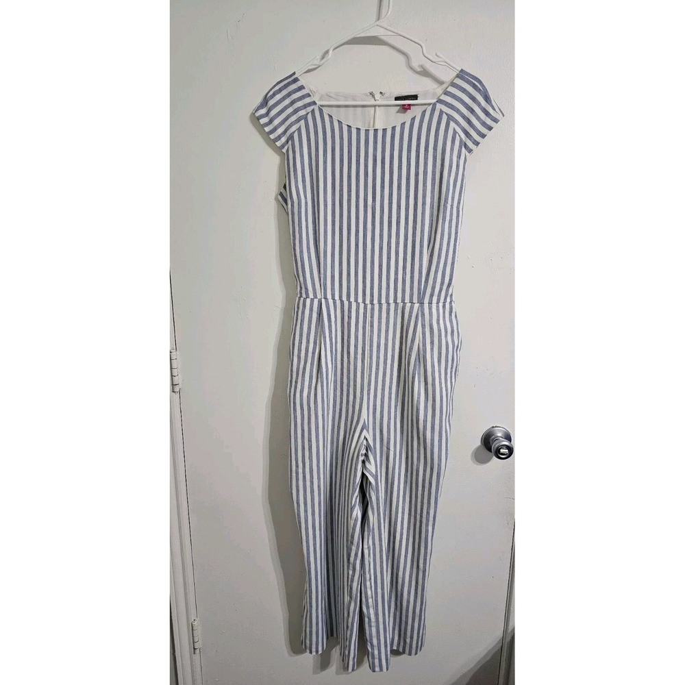 Vince Camuto Womens Striped jumpsuit 12 Blue White Lined Linen Blend Pockets Zip